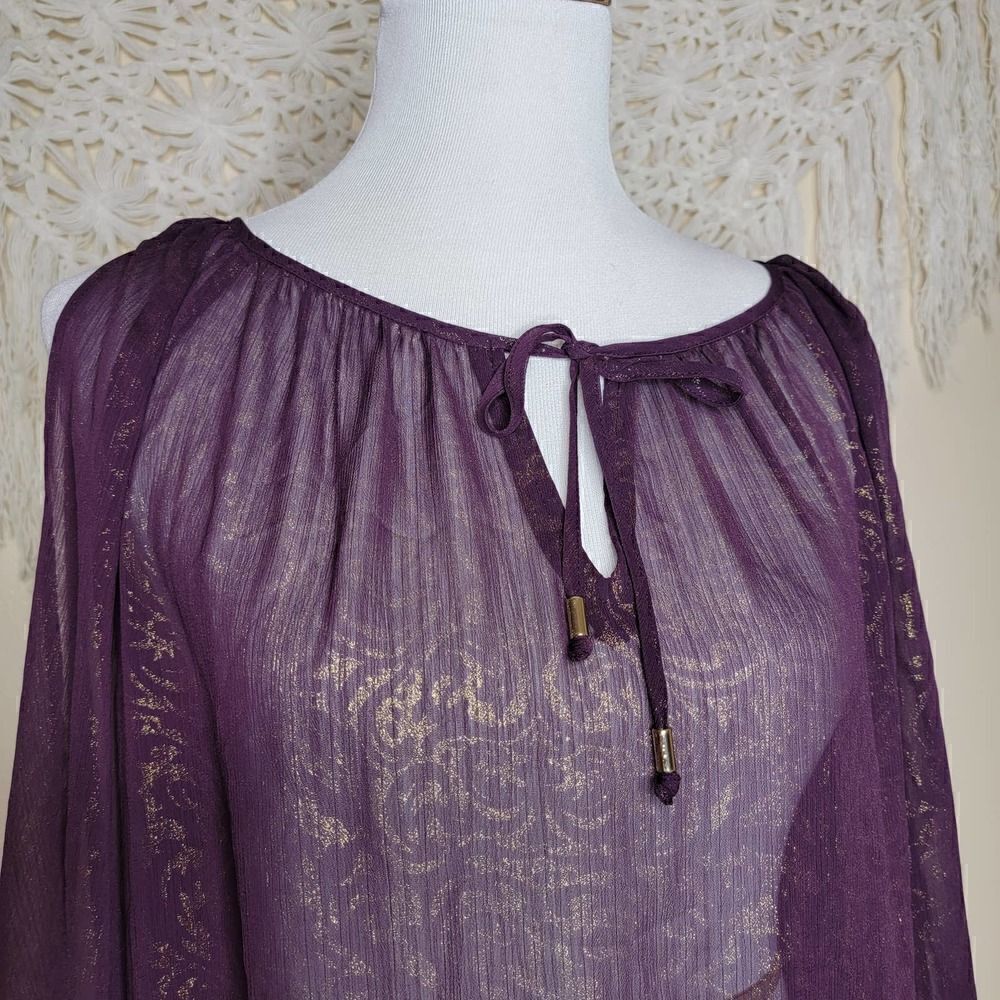 Cache Metallic Cold Shoulder Blouse Purple Gold Size Medium - Picture 13 of 16